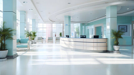 Empty modern hospital corridor, clinic hallway interior background with white chairs for patients waiting for doctor visit. Contemporary waiting room in medical office. Healthcare services concept