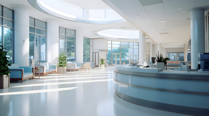 Empty modern hospital corridor, clinic hallway interior background with white chairs for patients waiting for doctor visit. Contemporary waiting room in medical office. Healthcare services concept