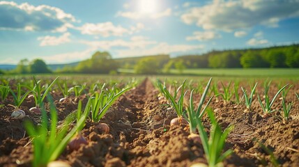 Obraz premium Onion plants are neatly lined up growing on a large farm. Generative Ai.