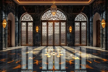 Empty room in Arabic style. Realistic spacious 3d Arabic room with large windows light shines through the window