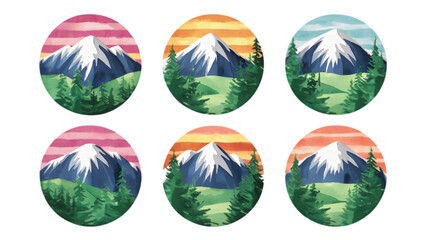 Set of Watercolor Mountains Illustration on Transparent Background	