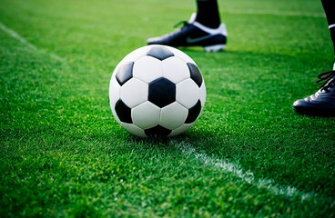 Soccer ball on the green grass of a stadium and a football player's feet 