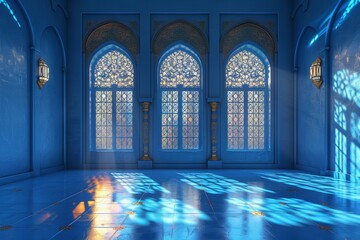 Fototapeta premium Empty room in Arabic style. Realistic spacious 3d Arabic room with large windows light shines through the window