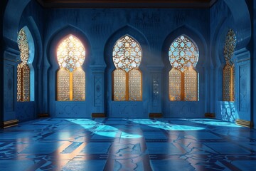 Empty room in Arabic style. Realistic spacious 3d Arabic room with large windows light shines through the window