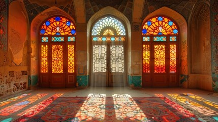 Obraz premium Empty room in Arabic style. Realistic spacious 3d Arabic room with large windows light shines through the window