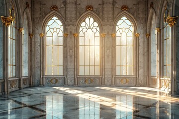 Fototapeta premium Empty room in Arabic style. Realistic spacious 3d Arabic room with large windows light shines through the window