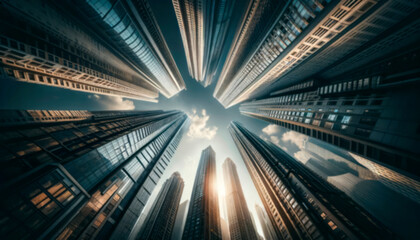 Looking up at skyscrapers converging into the sky, sunlight and clouds, urban architecture, concept of aspiration. Generative AI