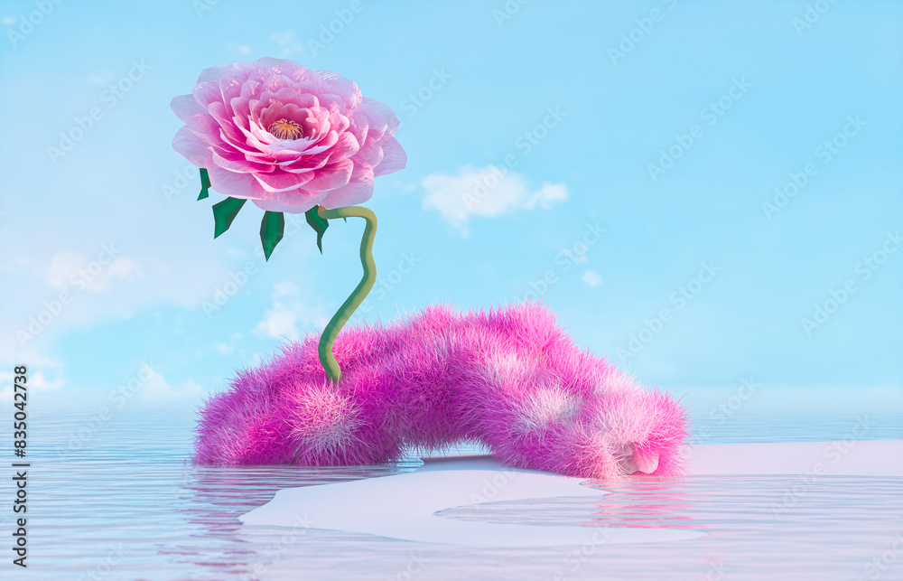Poster abstract beauty podium backdrop for product display with log and flower on the water. 3d seascape ba