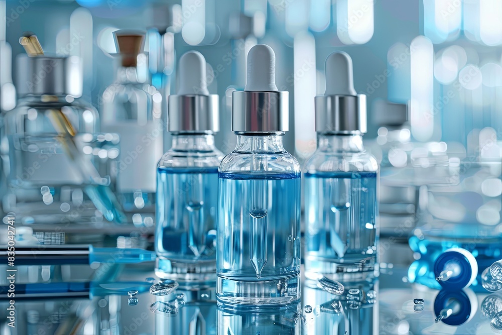 Aufkleber glass bottles of serum with droppers stand on a reflective surface with laboratory tools in the back