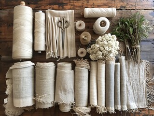 An overhead shot of a worktable with scissors, spools of organic cotton thread, and fabric swatches. The minimalist composition highlights the tools and materials used in creating fair trade clothing.
