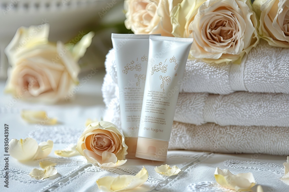 Poster two white tubes of hand and foot cream rest on a stack of fluffy towels with delicate rose petals sc