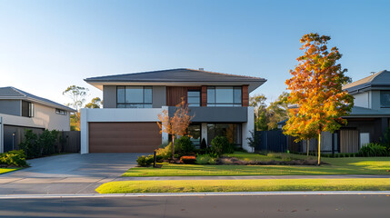 Modern two-story house with large garage, landscaped front yard, and autumn trees in a suburban neighborhood under a clear blue sky