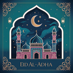 Happy Eid al Adha illustration of a mosque crescent moon and stars
