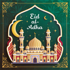Happy Eid al Adha illustration of a mosque crescent moon and stars