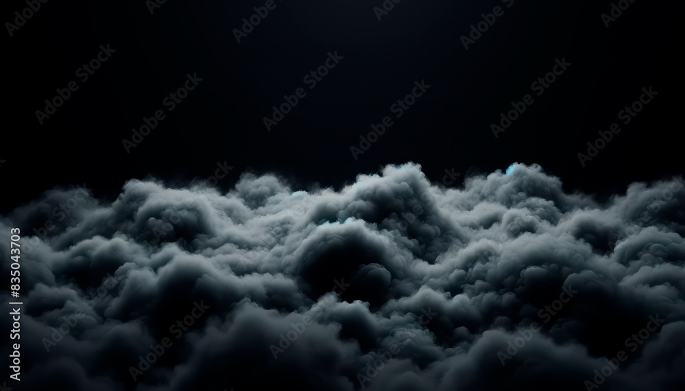 Poster fluffy clouds on a dark background, conveying a mysterious and dreamy concept. generative ai