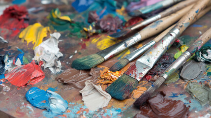 Fototapeta premium Messy artist's palette covered with colorful oil paints and brushes, showcasing the vibrant and chaotic creativity of the painting process.