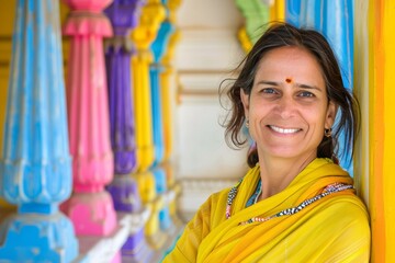 Smiling Indian woman in traditional yellow sari with colorful background - Powered by Adobe