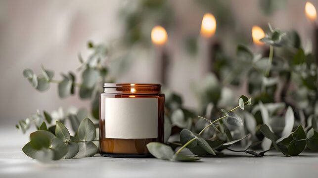 A blank label on the front of an elegant glass candle jar, with eucalyptus leaves and a white background. creating a luxurious atmosphere for your brand's candles