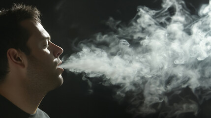 Man exhaling a thick cloud of smoke against a dark background, with his eyes closed, capturing the texture and movement of the smoke in a dramatic and moody setting.