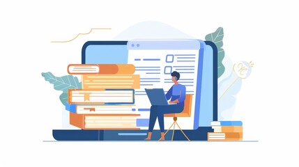 An illustration in 2D flat style showing a character participating in an e-learning platform, completing assignments and quizzes online. The minimalist design emphasizes the user-friendly interface