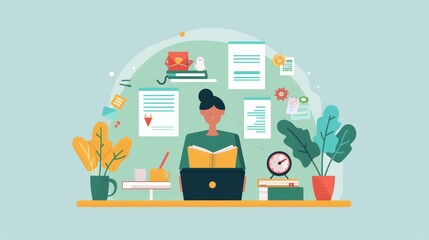 An illustration in 2D flat style showing a character participating in an e-learning platform, completing assignments and quizzes online. The minimalist design emphasizes the user-friendly interface