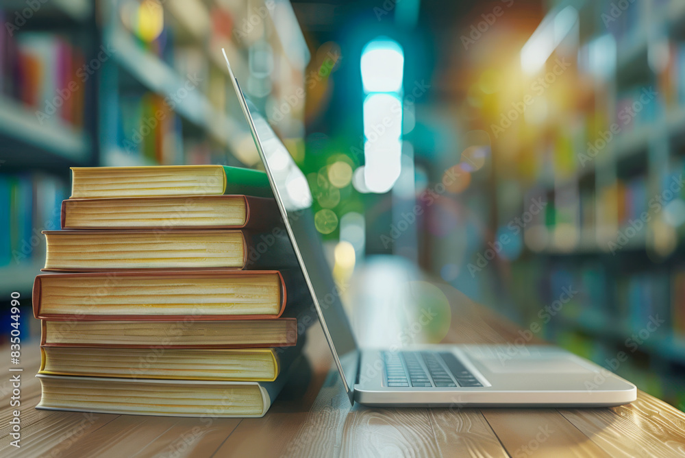Poster a stack of books leaning on an open laptop on a wooden table, with a blurred library background, sym