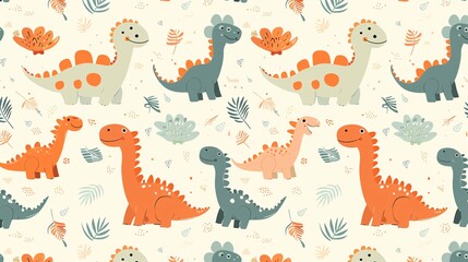 abstract playful dinosaur, orange and green dino wallpaper pattern