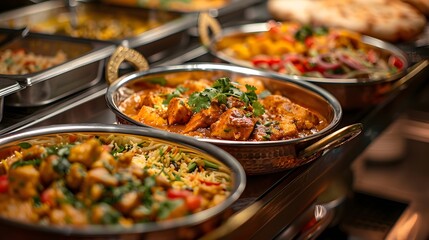 Fototapeta premium A close-up shot of the delicious dishes in stainless steel chafing hearth boxes, creating an attractive display for diverse food items like colorful salad leaves.