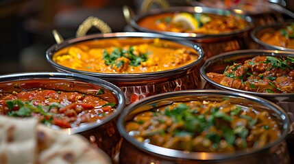 Obraz premium A close-up shot of the delicious dishes in stainless steel chafing hearth boxes, creating an attractive display for diverse food items like colorful salad leaves.