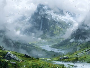 Wild, tranquil river valleys depicted with subtle shading and atmospheric perspective