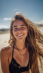Beautiful smiling young woman on the beach.