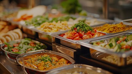 A close-up shot of the delicious dishes in stainless steel chafing hearth boxes, creating an attractive display for diverse food items like colorful salad leaves.