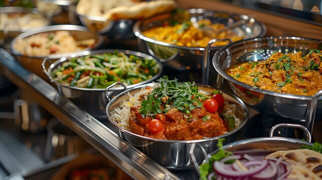 A close-up shot of the delicious dishes in stainless steel chafing hearth boxes, creating an attractive display for diverse food items like colorful salad leaves.