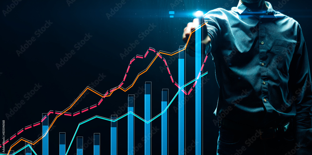 Aufkleber A person interacting with digital graphs and charts, creative image on a dark background, concept of analysis. Generative AI