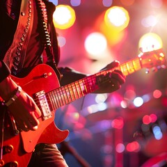 Obraz premium Vibrant electric guitar performance on stage with colorful lights