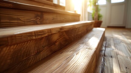 A close-up shot of the wooden steps on an oak staircase, showcasing their texture and natural beauty in a bright room with sunlight streaming through a window.