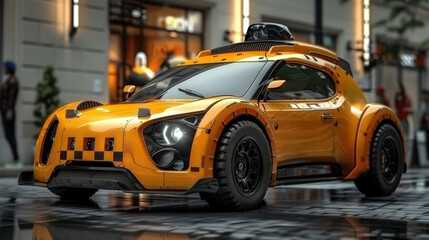 A yellow taxi car is parked on a street, AI