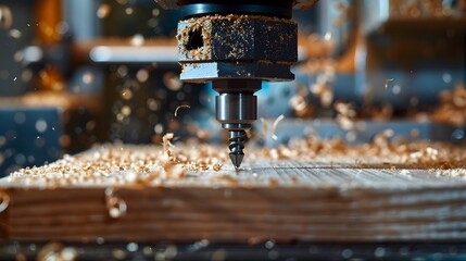 A closeup shot of a CNC wood router in action, with its drill bit creating intricate patterns on the surface of the wooden material, inside a workshop environment.