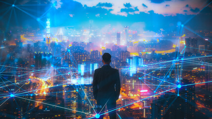 A man overlooking a cityscape with digital network connections, photorealistic style, at night, concept of data analysis. Generative AI