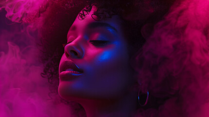 Fototapeta premium Woman's face bathed in pink and blue neon lights. Generative AI