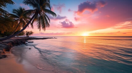Serene Tropical Beach at Sunset with Colorful Sky and Calm Ocean Waves
