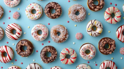 Colorful donuts assortment on blue background top view