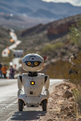 A robot walking down a road with people in the background, AI