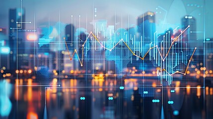 Clean and Neat High-Resolution Stock Market Graph Overlaying Digital World Map with Blurred Cityscape Background and Business Office Foreground in Blue and Orange Theme
