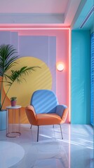 Office interior design mockup with pastel furniture against colored wall background.