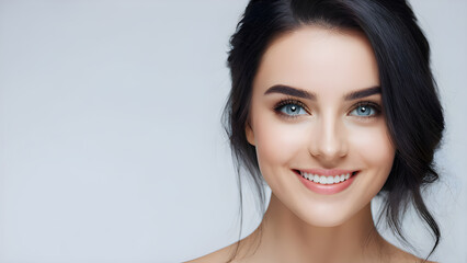 white background, copy space. a woman with blue eyes and a smile