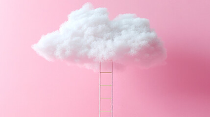 Fluffy white cloud with a ladder on a pink background, creative concept of aspiration. Generative AI