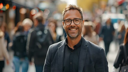 Fototapeta premium A handsome businessman with glasses and short hair is standing in the middle of an outdoor crowd, smiling at the camera.