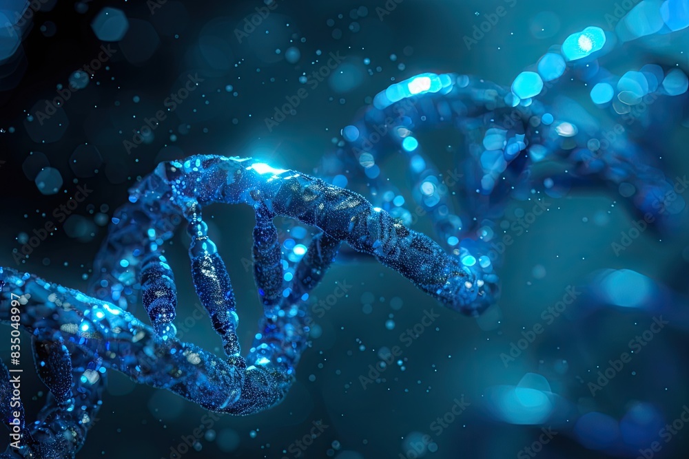 Poster a blue dna strand is shown in this image, abstract representations of encrypted data