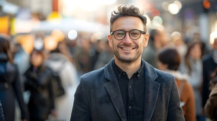 Obraz premium A handsome businessman with glasses and short hair is standing in the middle of an outdoor crowd, smiling at the camera.